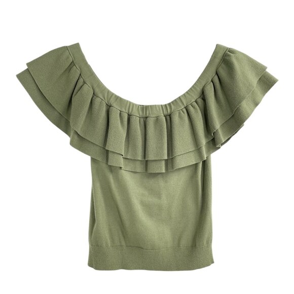 J CREW Olive Off The Shoulder Ruffle Knit Sweater Top Womens Size XS Cottage - Picture 2 of 10
